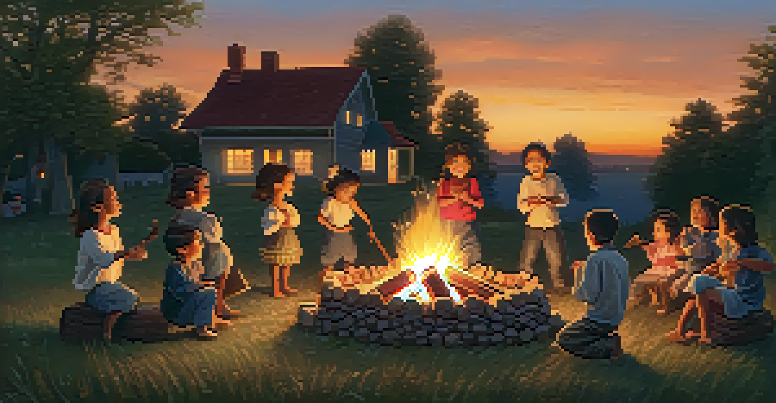 Children singing and dancing around a bonfire at dusk, with warm firelight and musical instruments nearby.