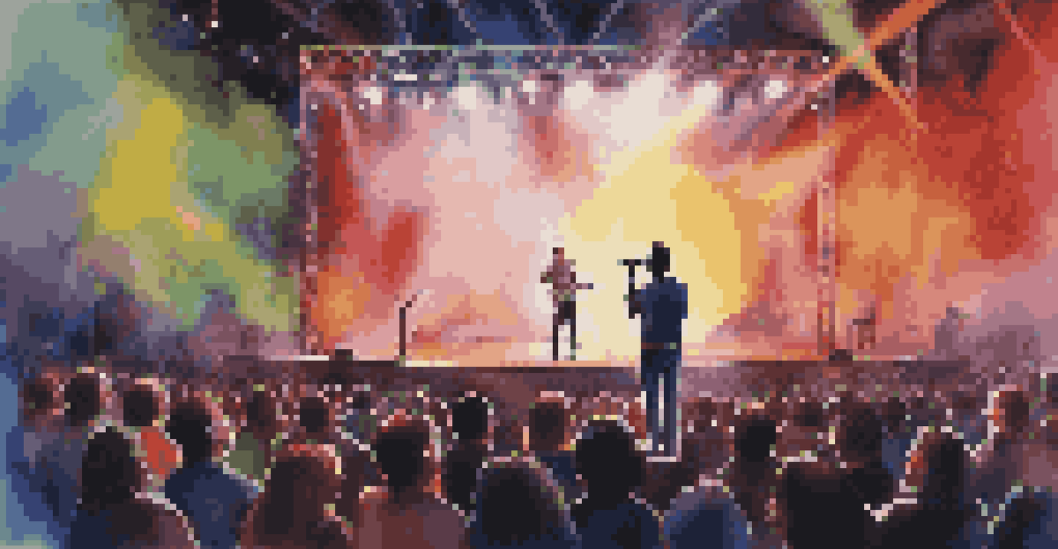 An artist performing on stage with a microphone, colorful lights around, and an engaged audience in the foreground.