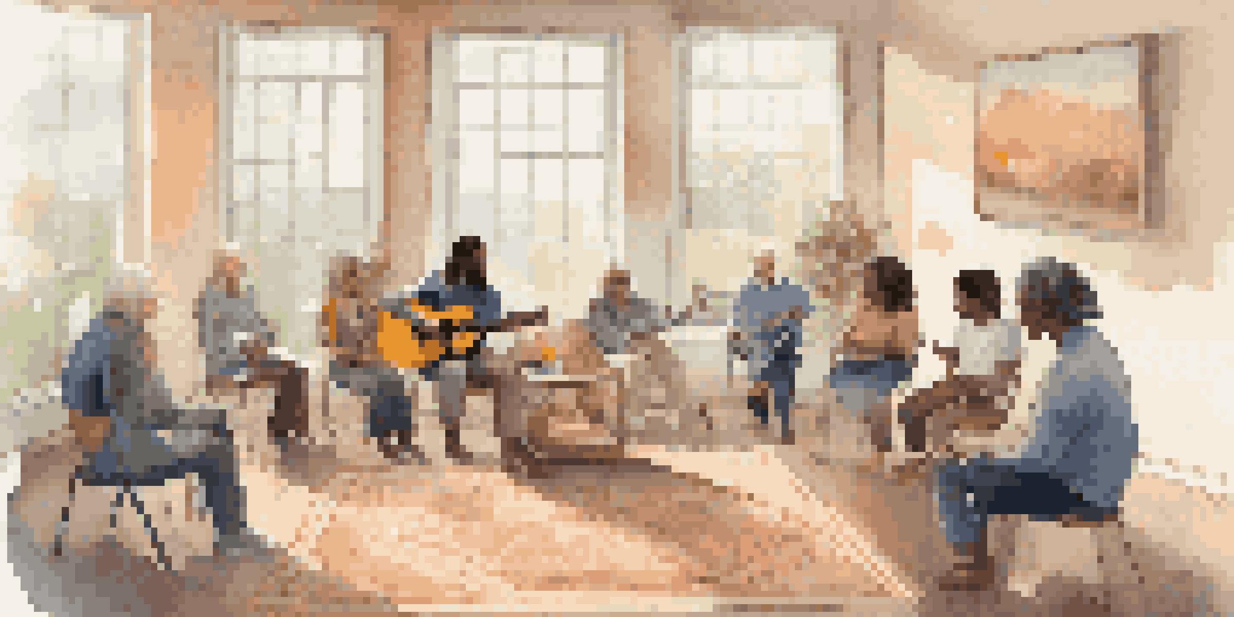 A music therapy session with a therapist playing guitar and clients singing in a warm, inviting room filled with natural light.