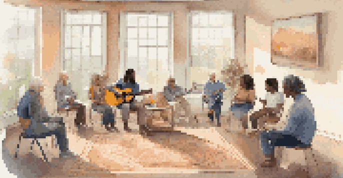 A music therapy session with a therapist playing guitar and clients singing in a warm, inviting room filled with natural light.