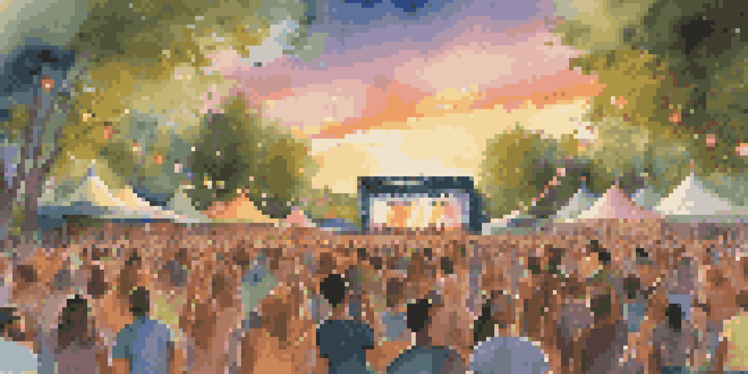 A lively music festival with a diverse crowd celebrating together, colorful stage lights, and a sunset ambiance.
