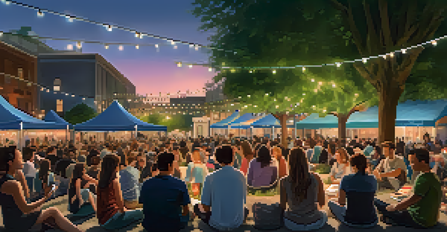 An outdoor concert in a city plaza with a diverse audience, string lights, and local artists performing on stage during twilight.