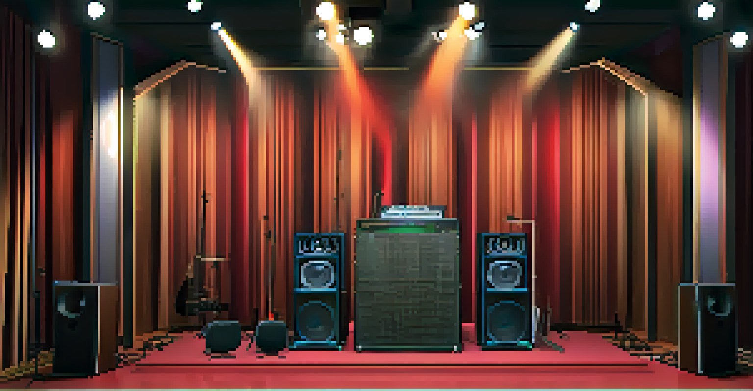 A detailed view of a bass trap in a music venue, designed to absorb low frequencies, with a stage setup in the background.