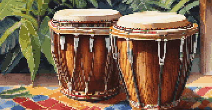 A close-up view of handcrafted bongo drums on a colorful mat surrounded by tropical plants, illuminated by warm sunlight.