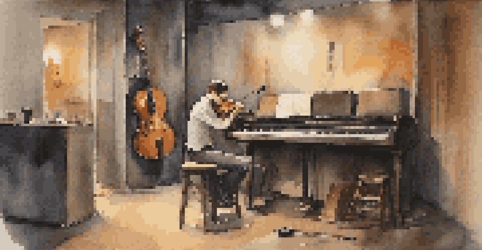 A musician backstage taking deep breaths before a performance, surrounded by musical equipment.