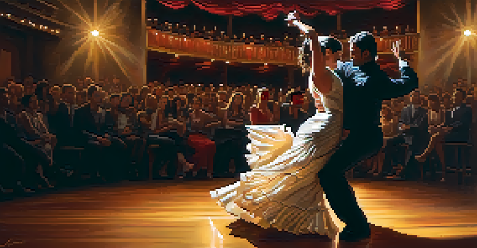 A Flamenco dancer performing with vibrant traditional clothing, illuminated by warm lighting, with a guitarist in the background.