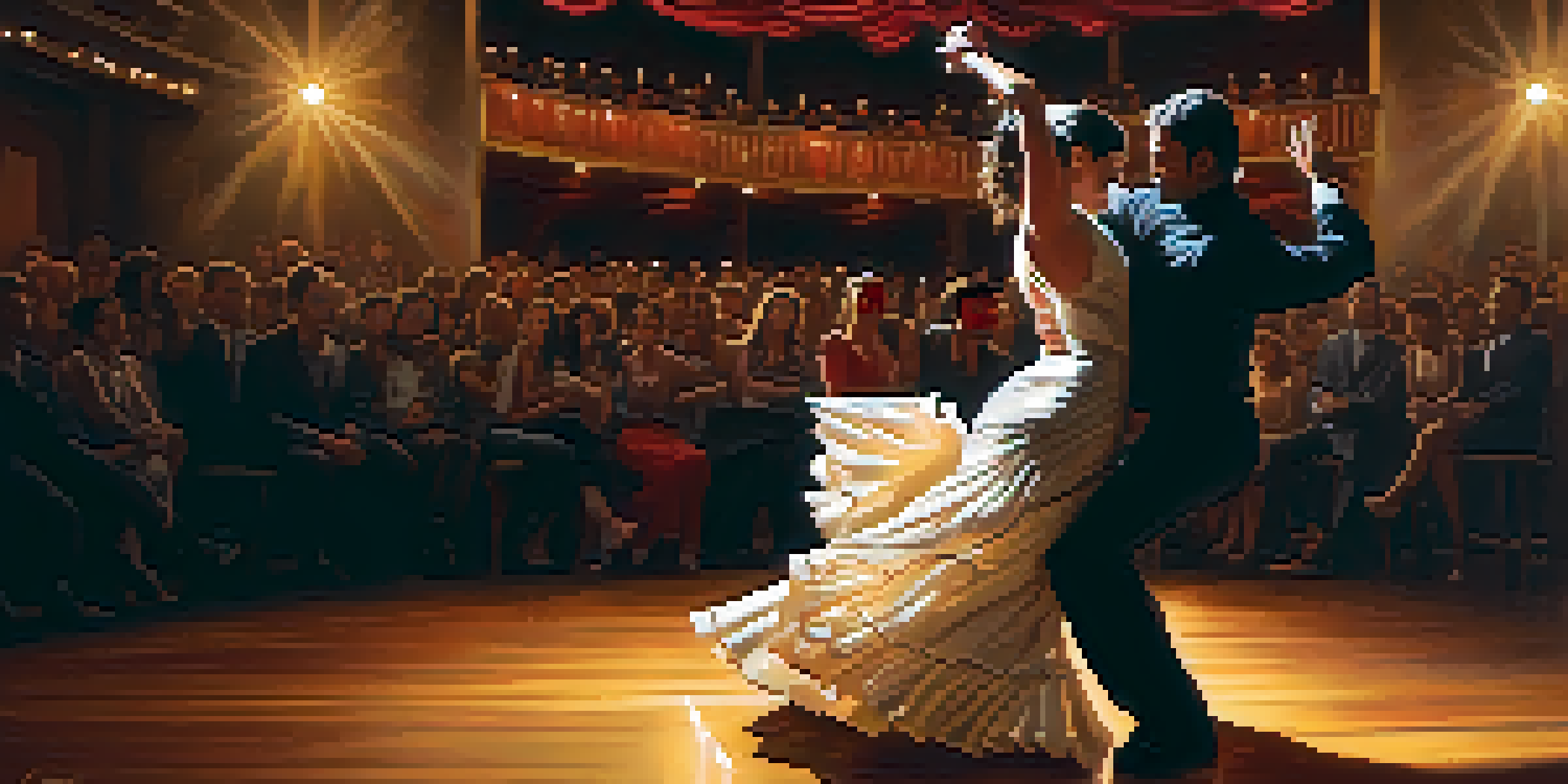 A Flamenco dancer performing with vibrant traditional clothing, illuminated by warm lighting, with a guitarist in the background.