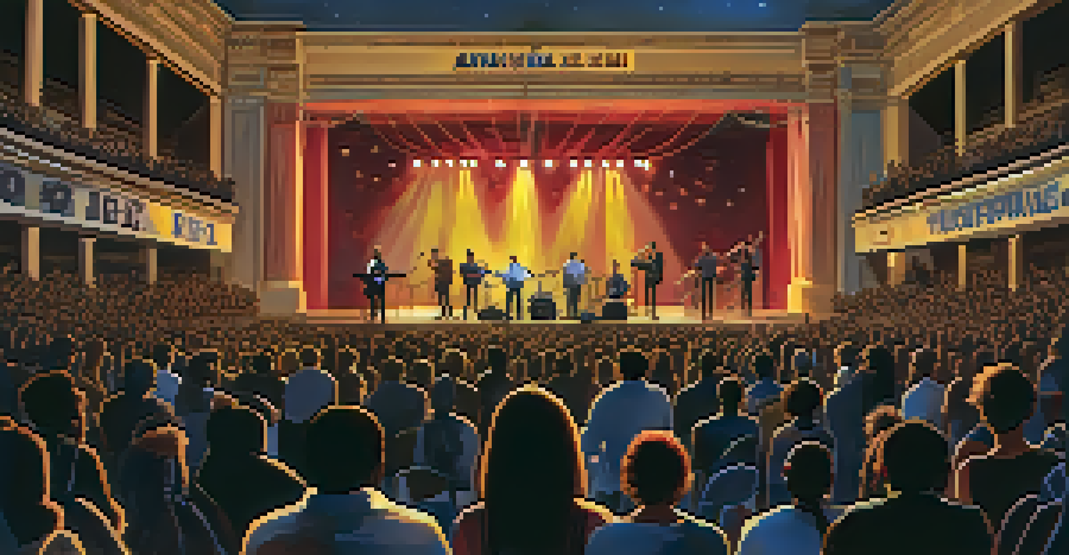 Musicians performing on stage in a concert, with banners promoting social justice and an audience actively engaged in the moment.