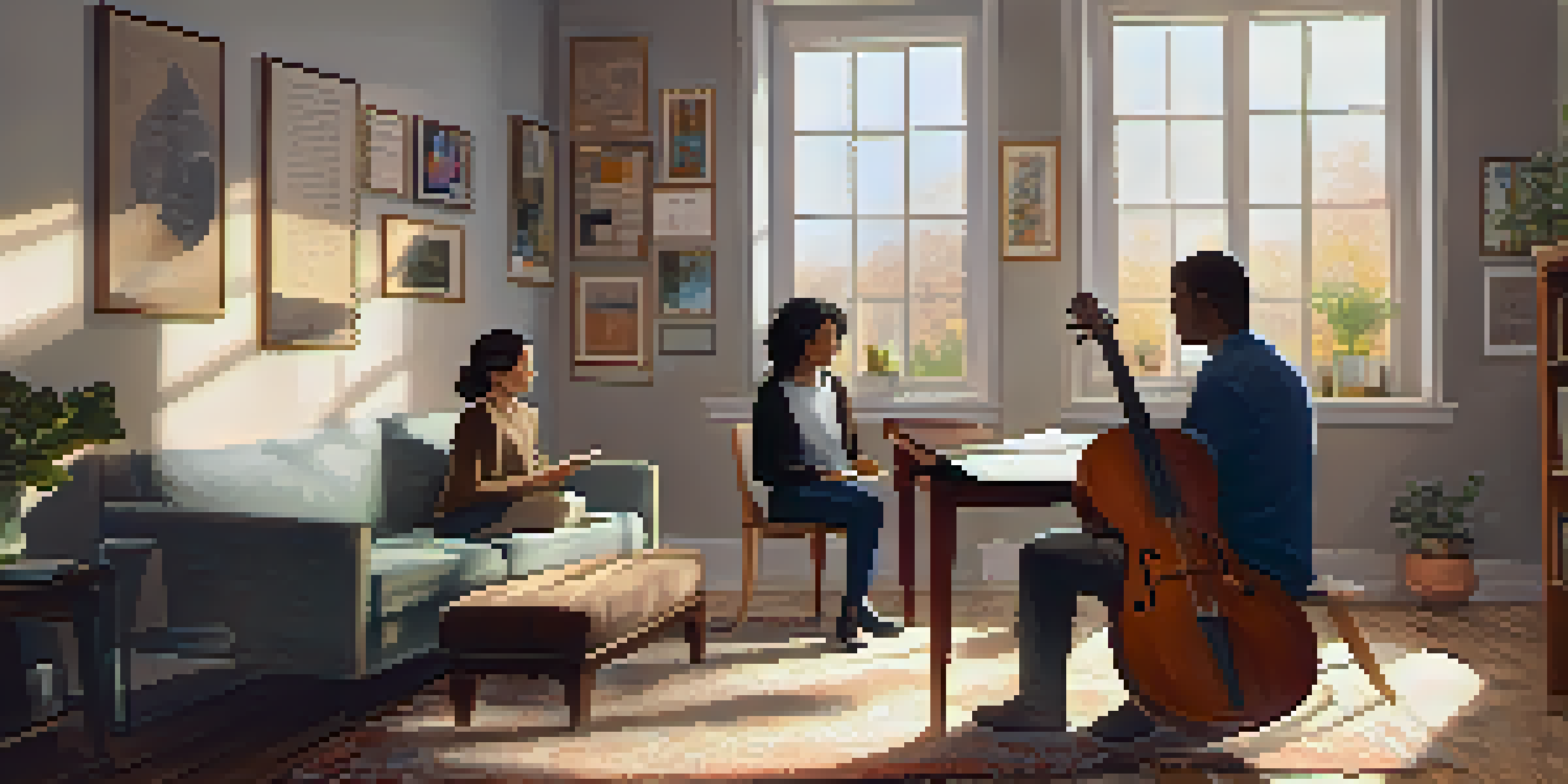 A cozy music therapy session with a therapist and client playing guitars in a softly lit room decorated with musical notes.