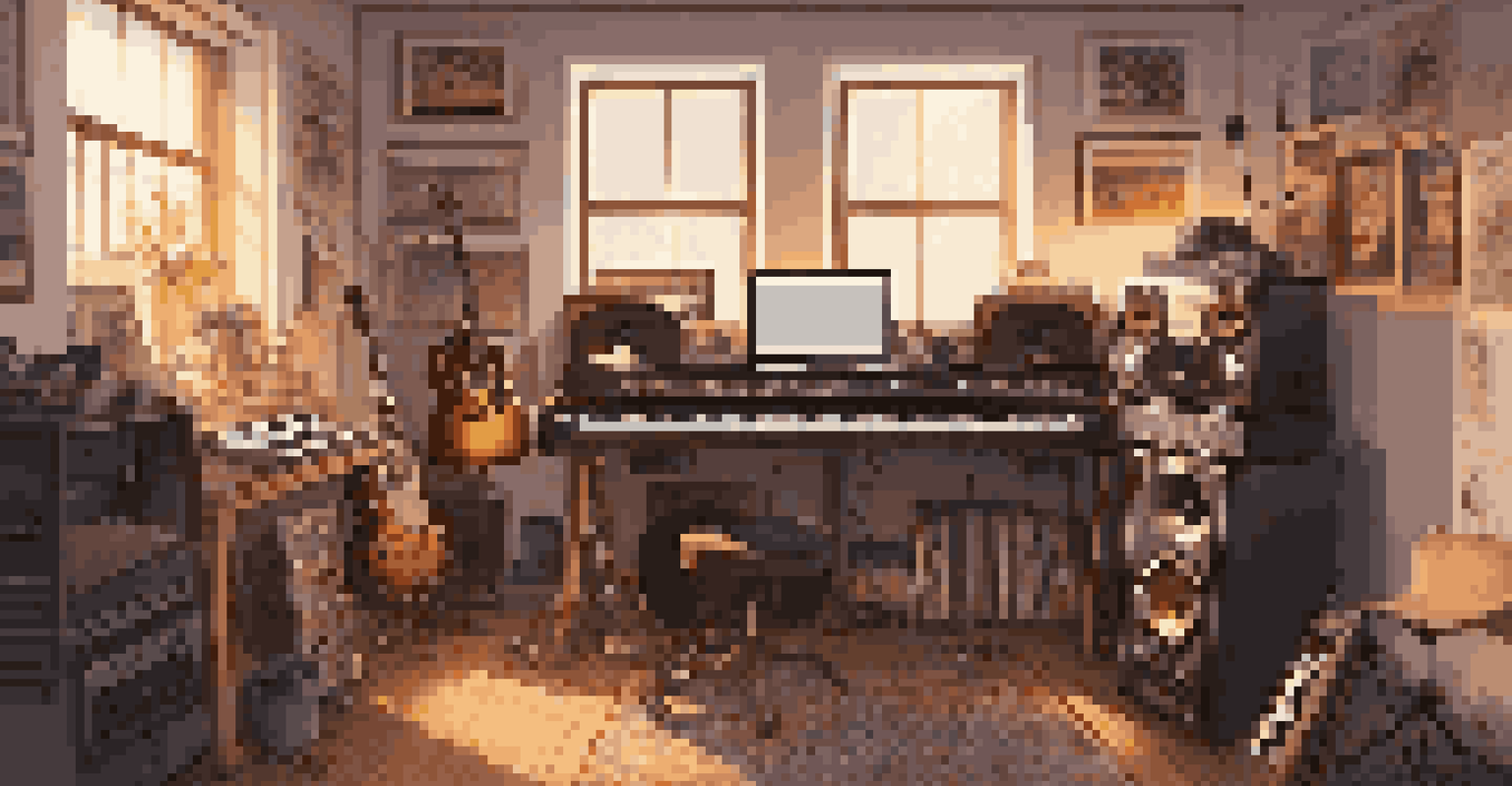 A music artist's studio with instruments, posters, and a laptop displaying music software in a warm-lit environment.