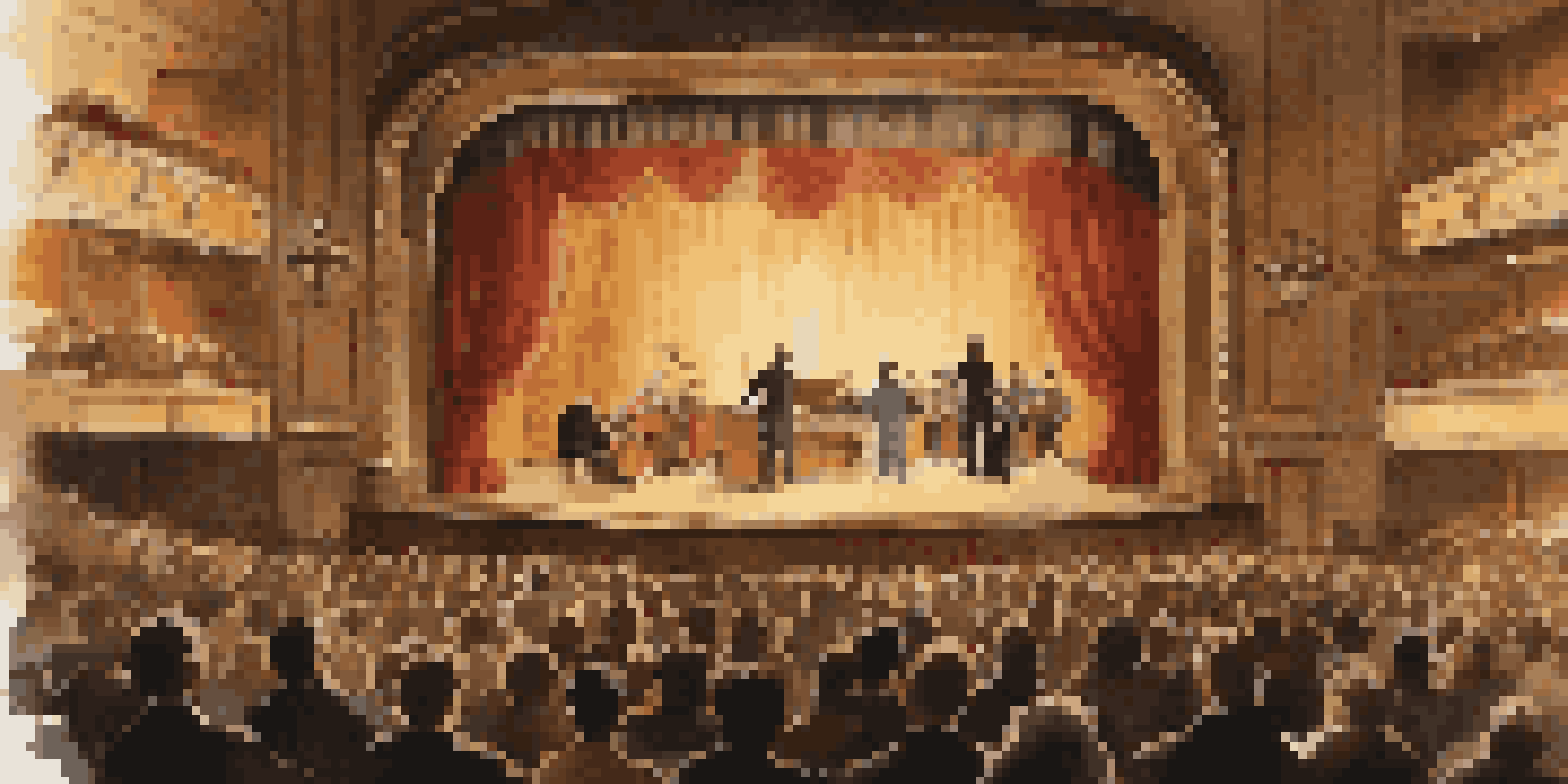 A vintage theater with wooden sound amplification devices and an audience in early 20th century clothing, bathed in warm stage lighting.