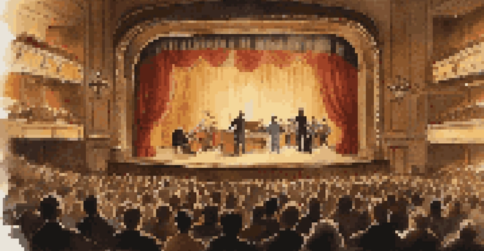 A vintage theater with wooden sound amplification devices and an audience in early 20th century clothing, bathed in warm stage lighting.