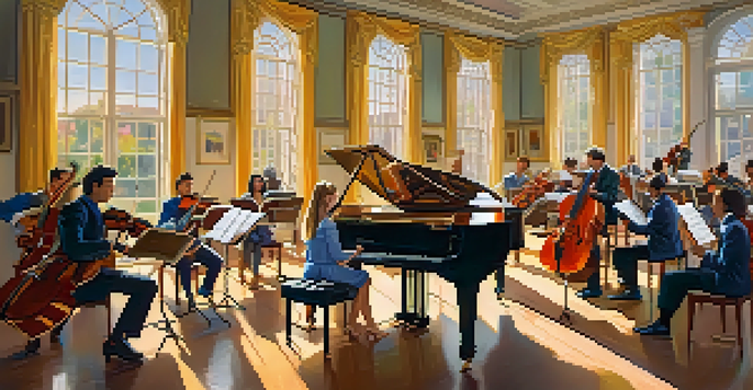 A diverse group of musicians gathered around a grand piano, collaborating with instruments and sheet music in a sunlit room.