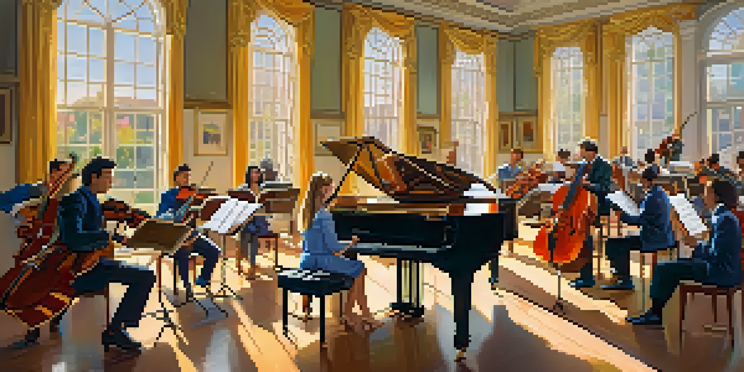 A diverse group of musicians gathered around a grand piano, collaborating with instruments and sheet music in a sunlit room.