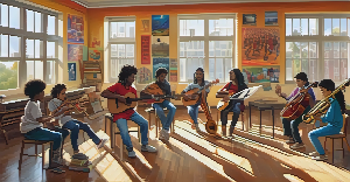 A colorful classroom with students from diverse backgrounds playing musical instruments and collaborating on a project, illuminated by sunlight.