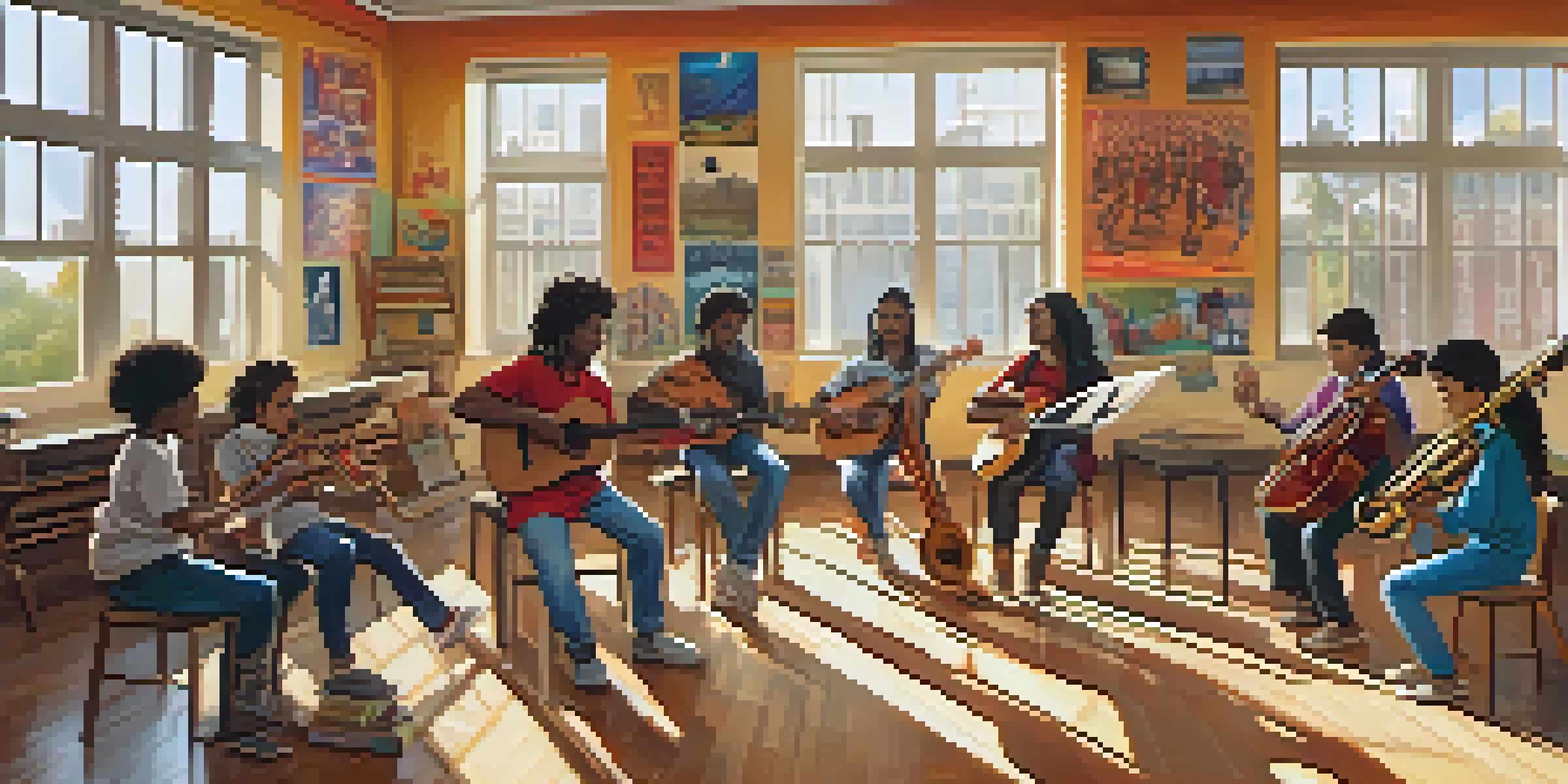 A colorful classroom with students from diverse backgrounds playing musical instruments and collaborating on a project, illuminated by sunlight.