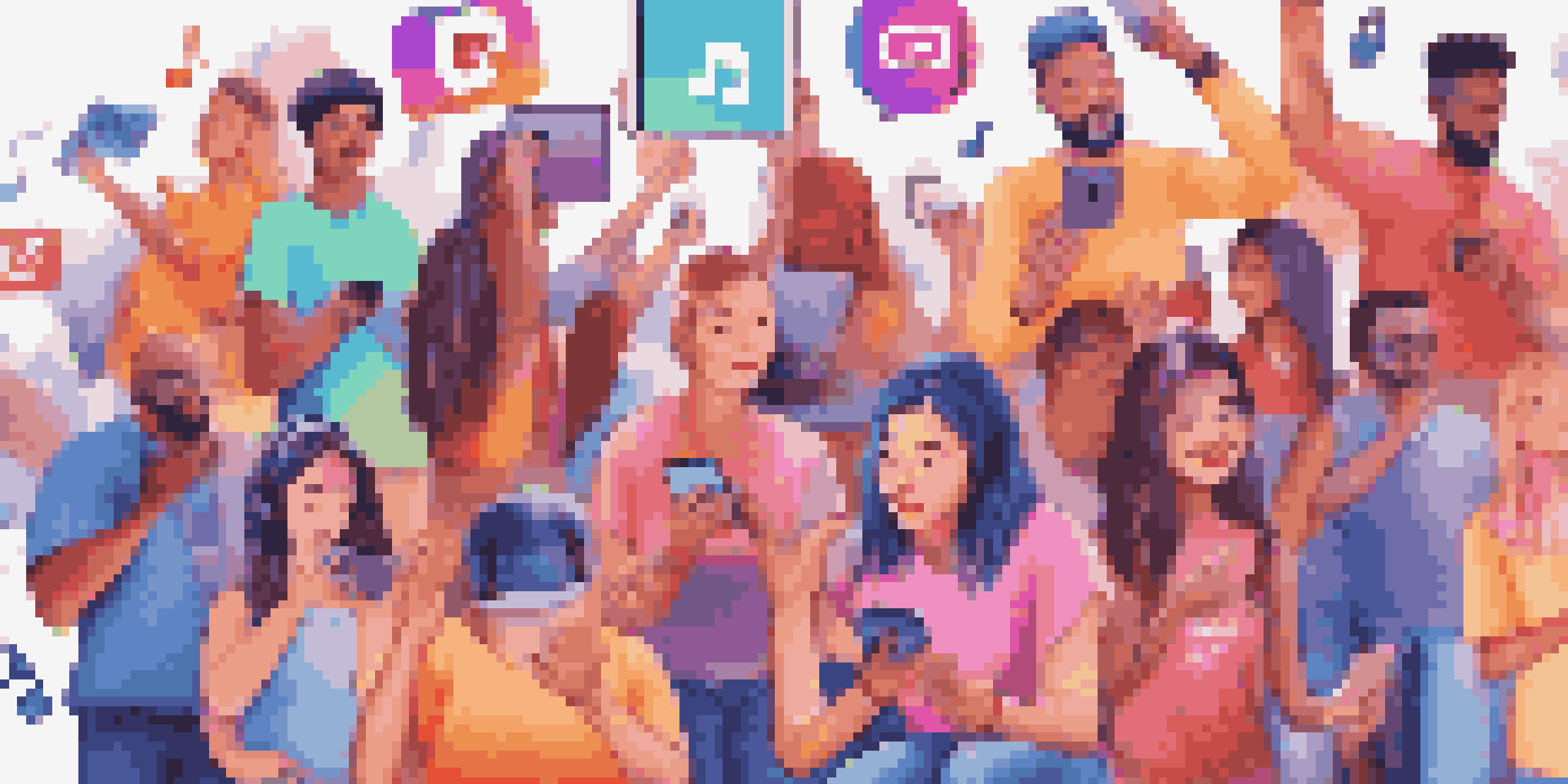 A lively scene showing diverse fans engaging with music on social media, with notifications and music notes around them.