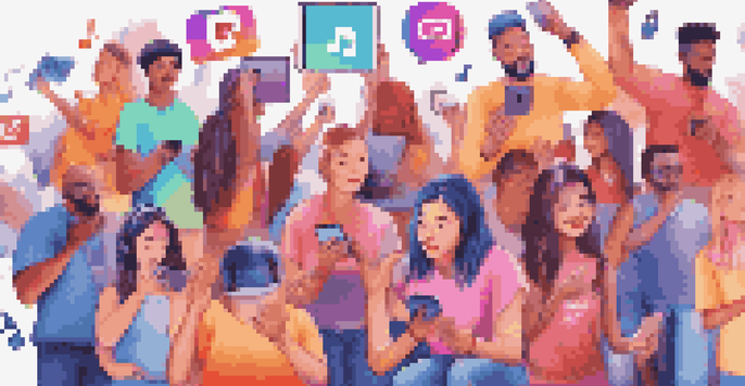 A lively scene showing diverse fans engaging with music on social media, with notifications and music notes around them.