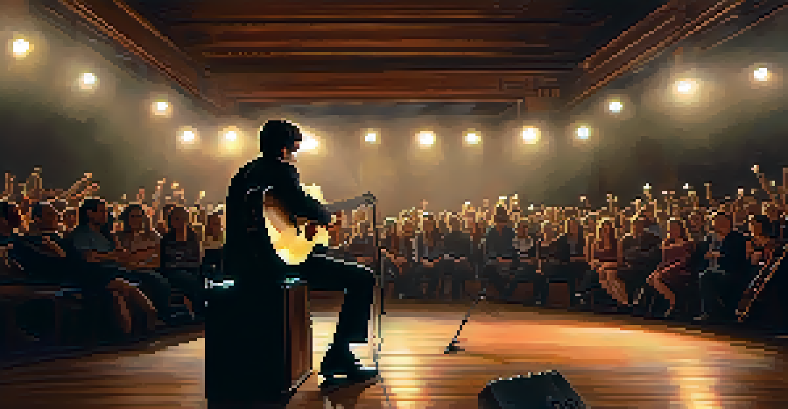 A solo guitarist on stage performing under soft spotlighting with an engaged audience in the background.