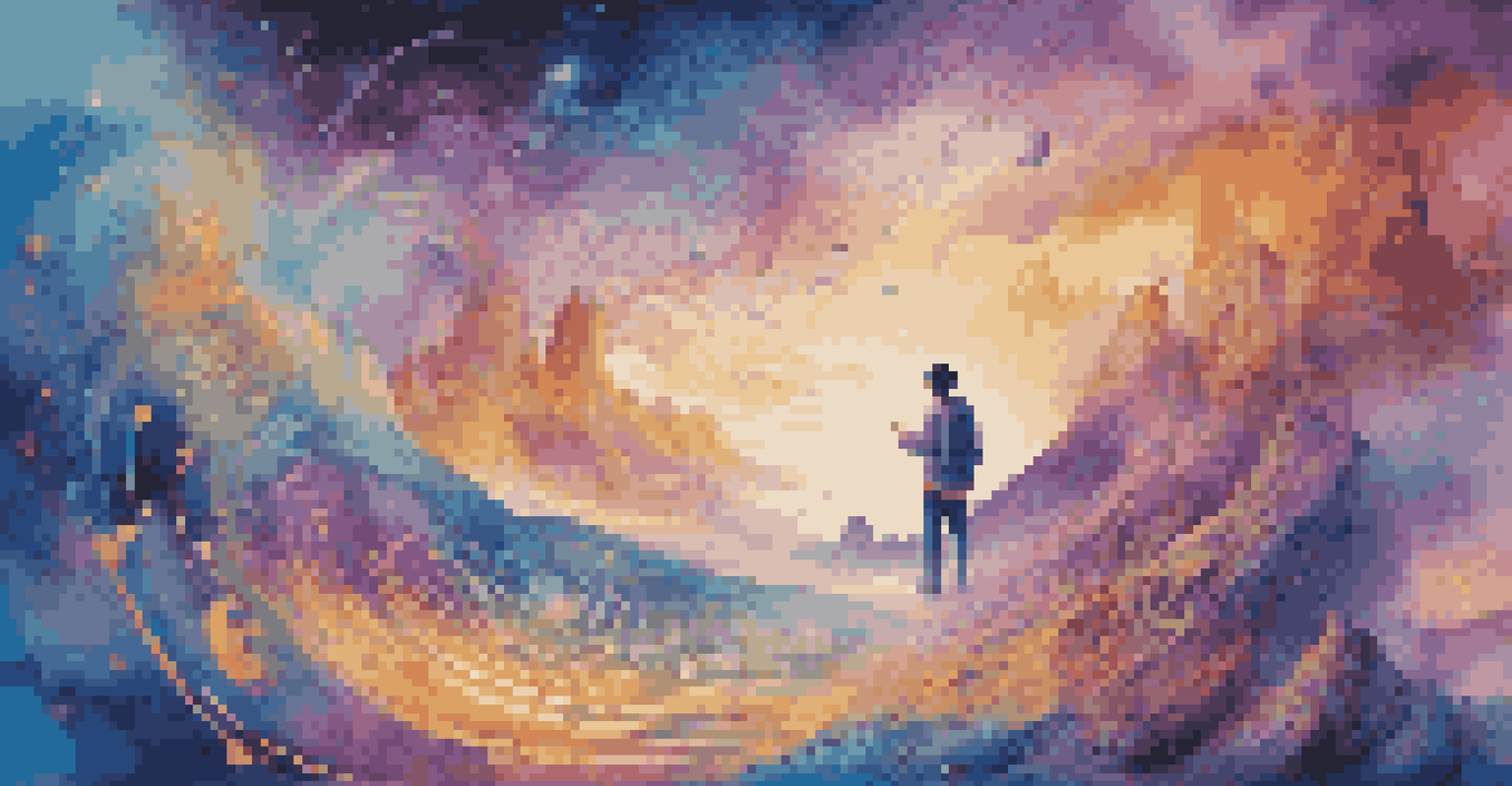 A character in a fantasy world interacting with colorful sound waves that visually manifest in vibrant colors and shapes, creating a mystical atmosphere.