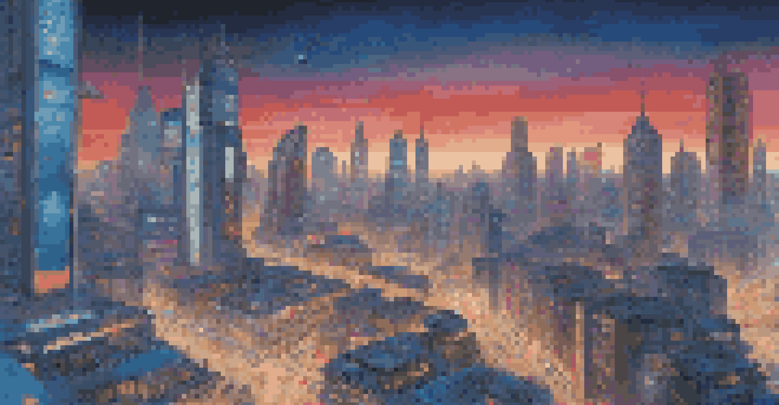 A futuristic city at dusk with neon lights and flying vehicles.
