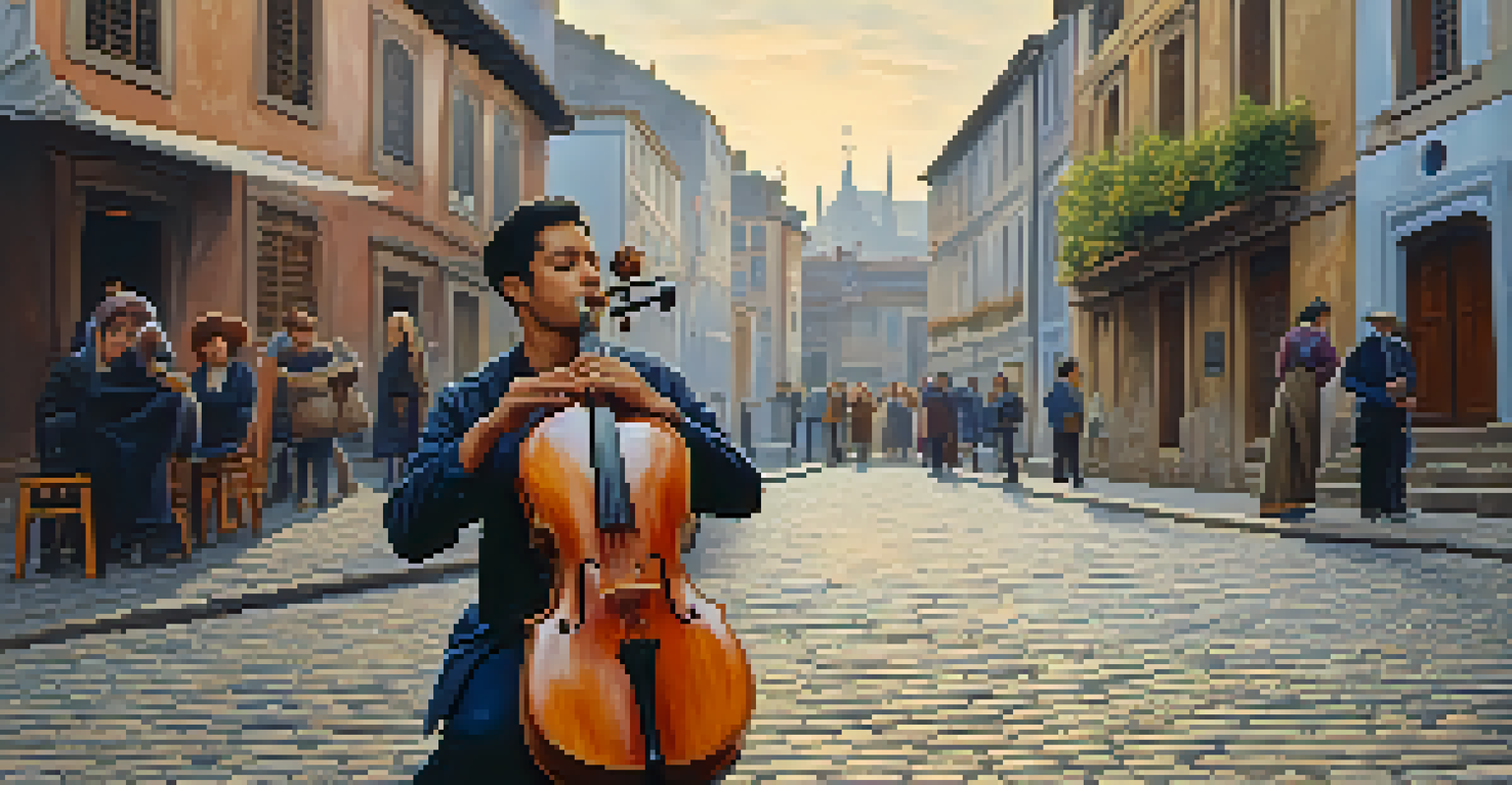 A musician playing a traditional instrument on a cobblestone street, surrounded by historical buildings and attentive spectators.