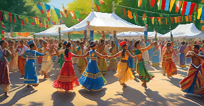 A lively multicultural festival with people dancing together under colorful banners, illuminated by warm sunlight, showcasing diverse cultural attire and musical instruments.