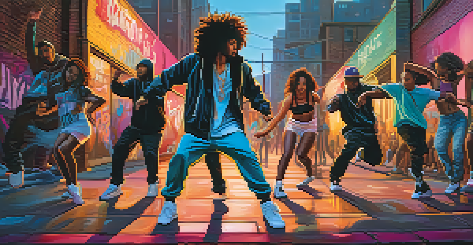 A group of diverse dancers performing hip-hop on a graffiti-covered street, surrounded by urban elements.