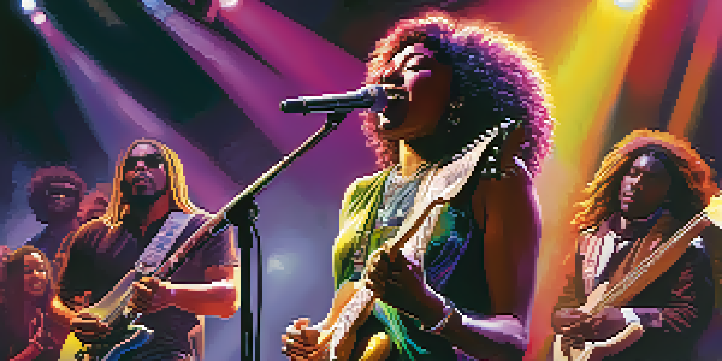 A colorful concert with a diverse group of musicians blending R&B and rock sounds, showcasing passionate performances and an enthusiastic audience.