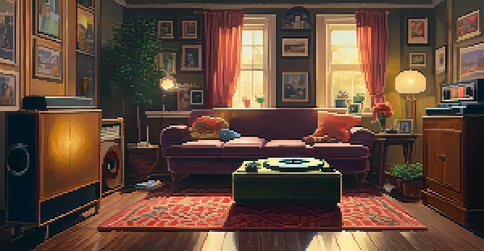 A warm, inviting room with a vintage record player and framed photographs of couples, evoking a sense of nostalgia.