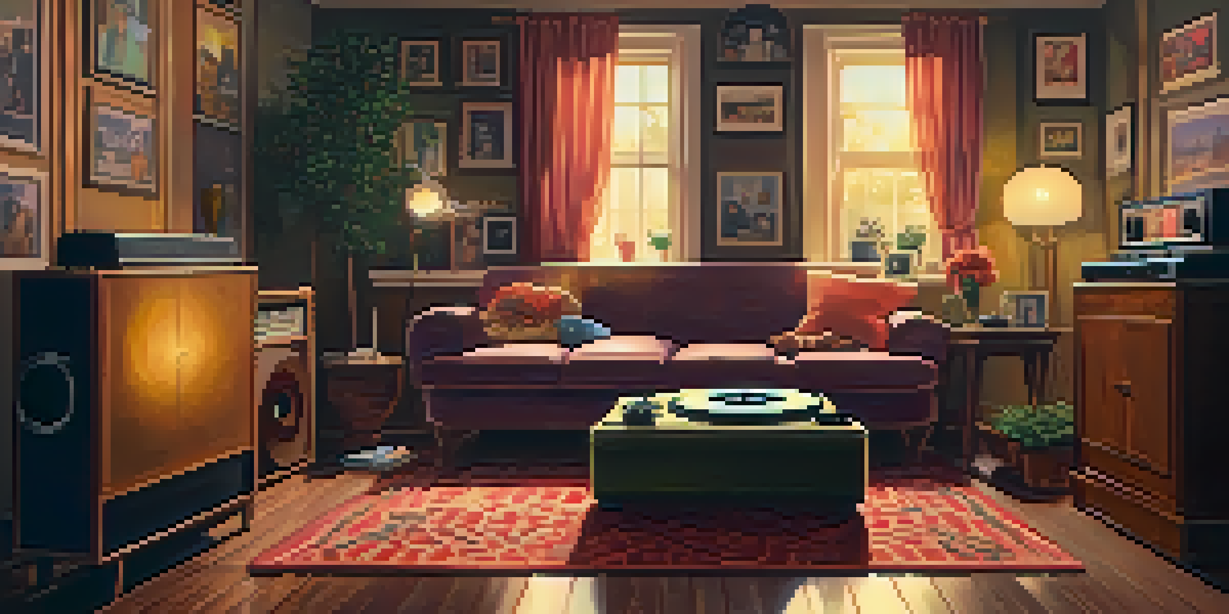 A warm, inviting room with a vintage record player and framed photographs of couples, evoking a sense of nostalgia.