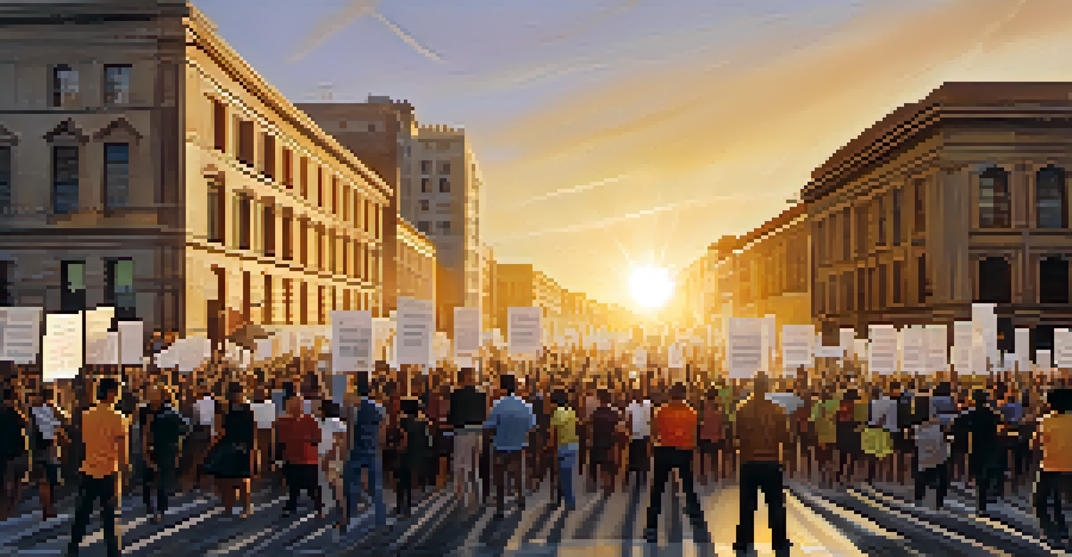 A street scene during a protest with a diverse crowd holding banners and singing passionately, illuminated by the golden light of the setting sun.