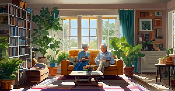 An elderly couple enjoying music together in a sunlit living room, surrounded by family photos and plants.