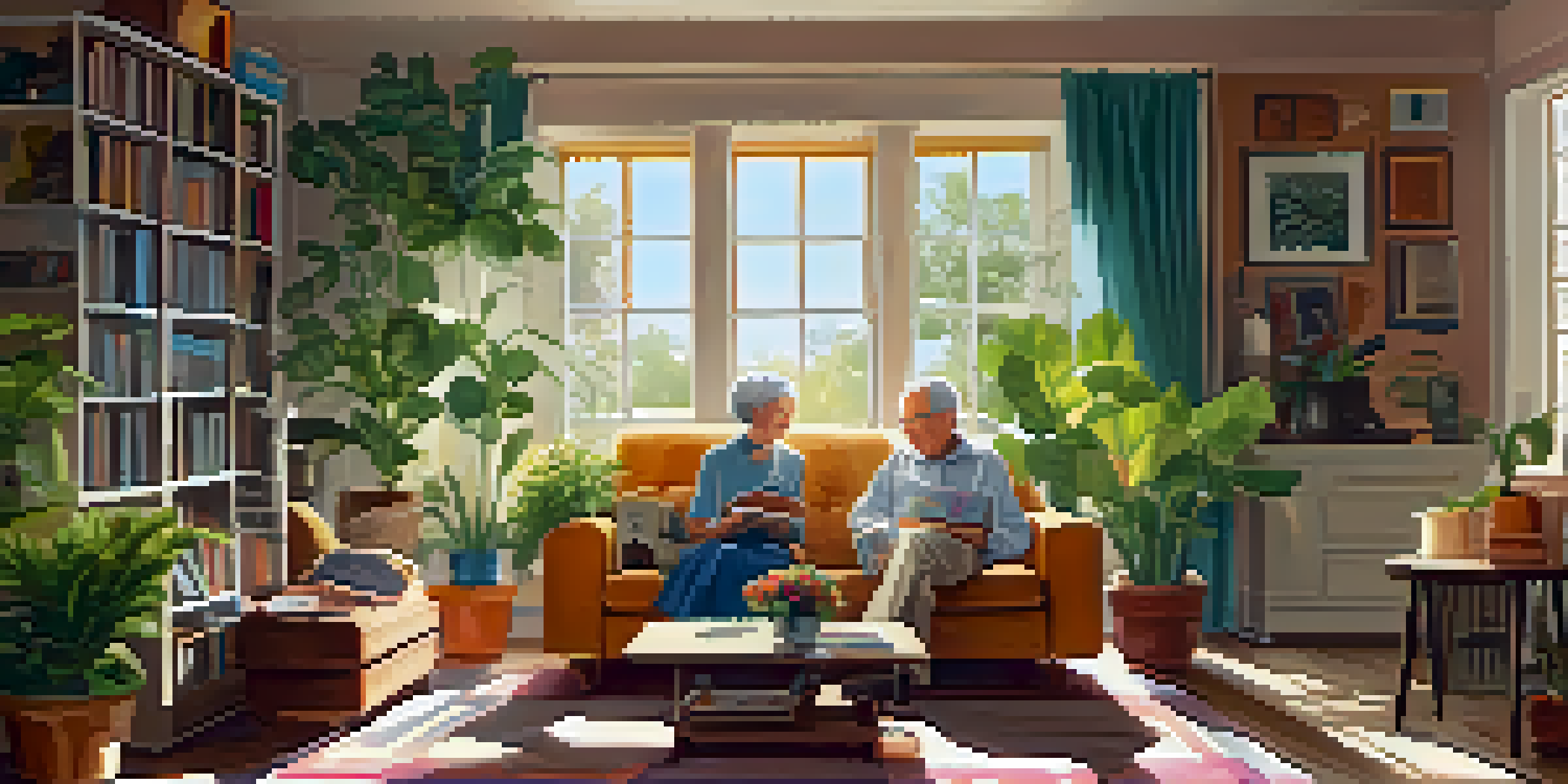 An elderly couple enjoying music together in a sunlit living room, surrounded by family photos and plants.