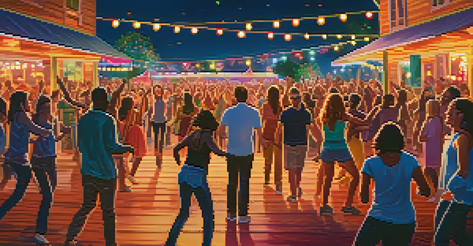 A diverse group of friends dancing joyfully at an outdoor music festival with colorful lights and a live band in the background.