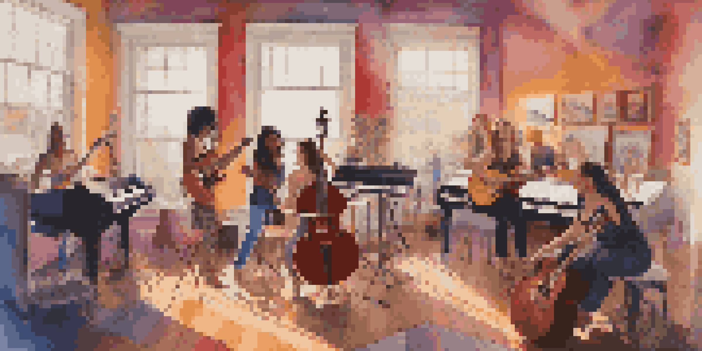 A lively music studio where diverse female musicians are collaborating. Sunlight filters through the windows, creating a warm atmosphere.