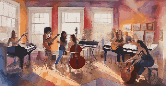 A lively music studio where diverse female musicians are collaborating. Sunlight filters through the windows, creating a warm atmosphere.