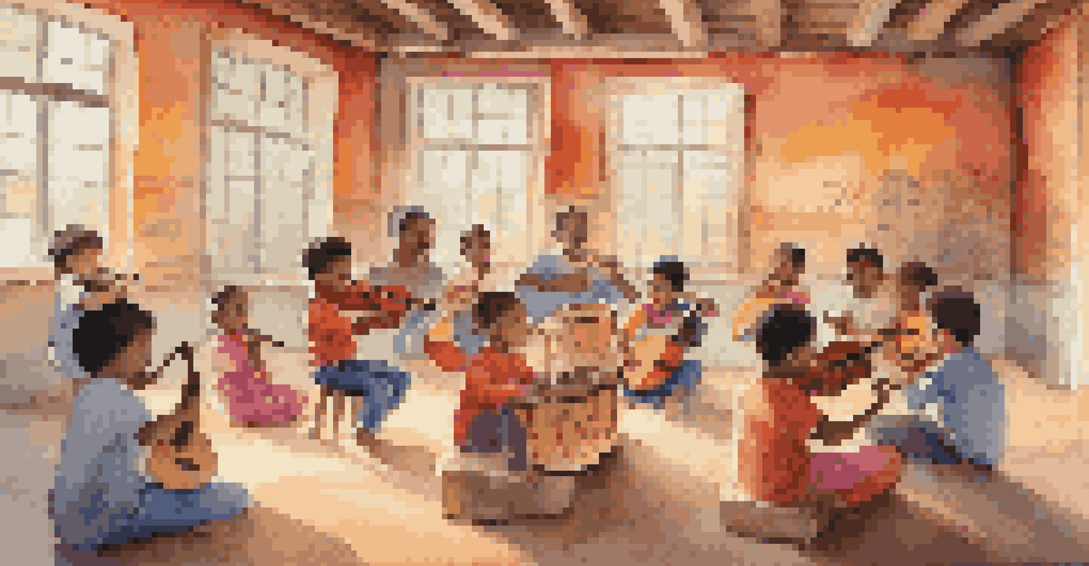 Children participating in a music workshop, learning traditional instruments from a local musician in a colorful room.