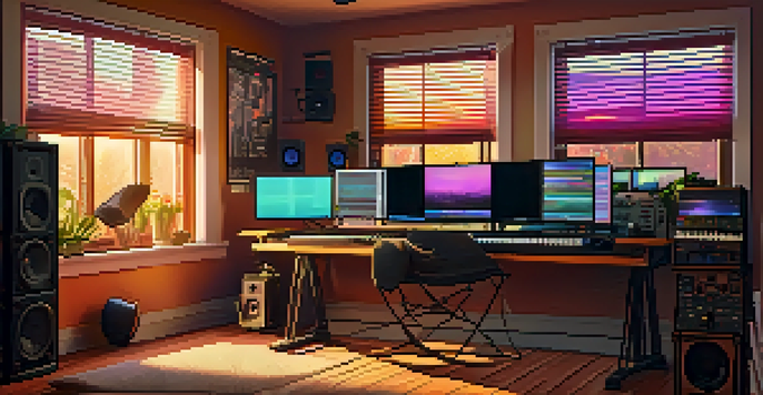 A home music studio filled with production equipment and colorful lighting, illuminated by warm sunlight.