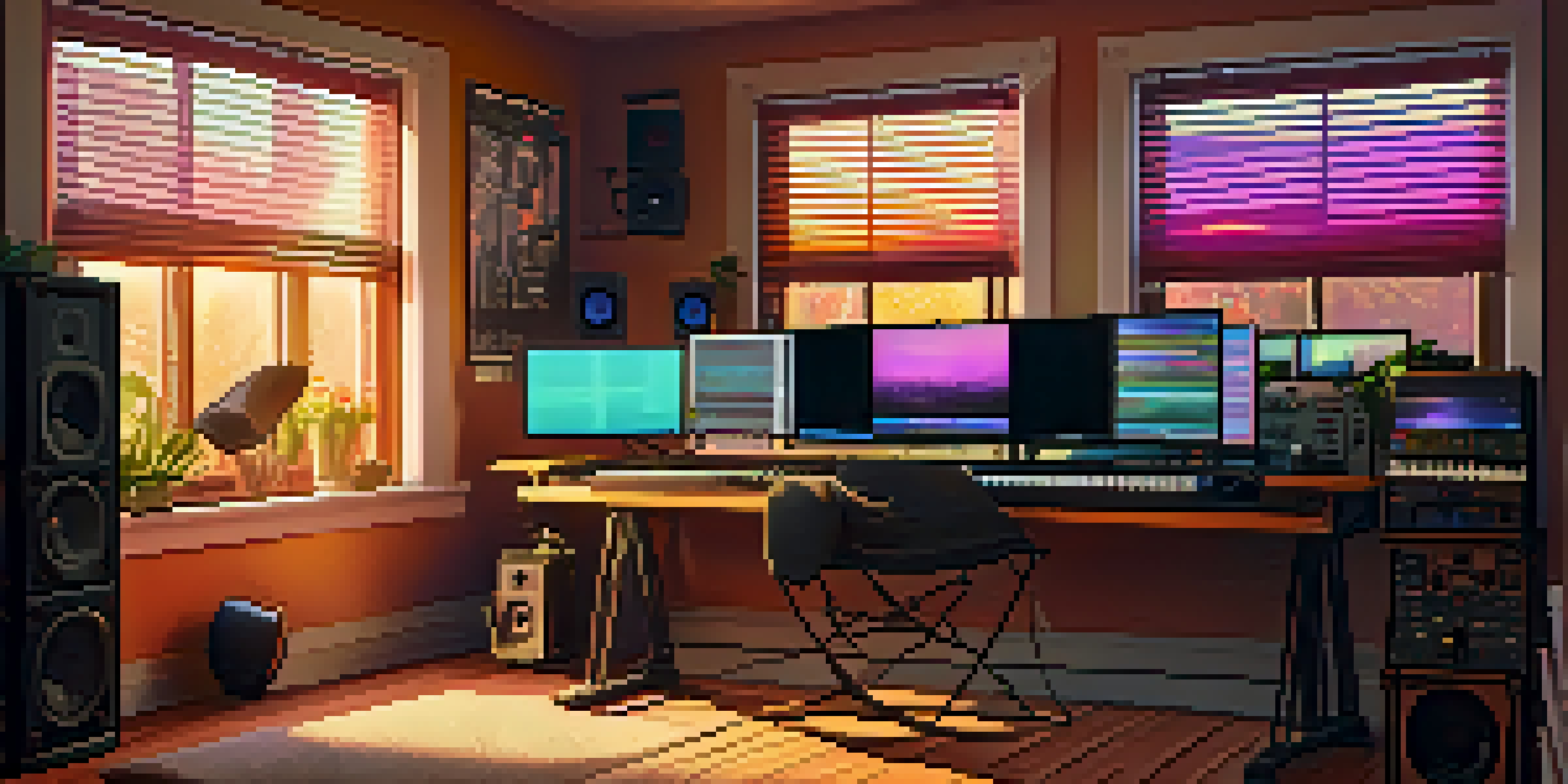 A home music studio filled with production equipment and colorful lighting, illuminated by warm sunlight.