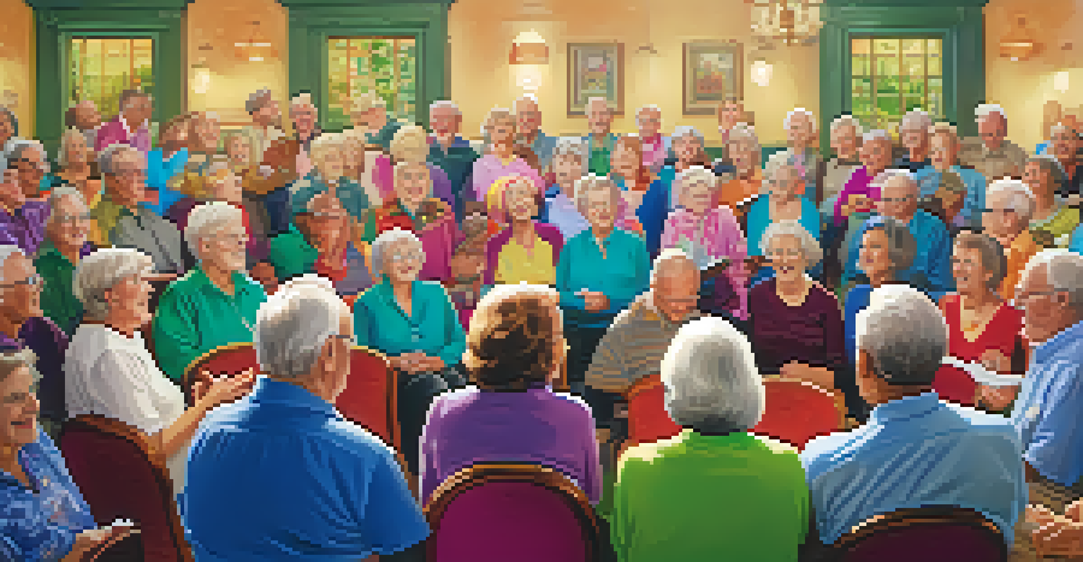 Older adults singing together in a lively choir session indoors with colorful decorations.