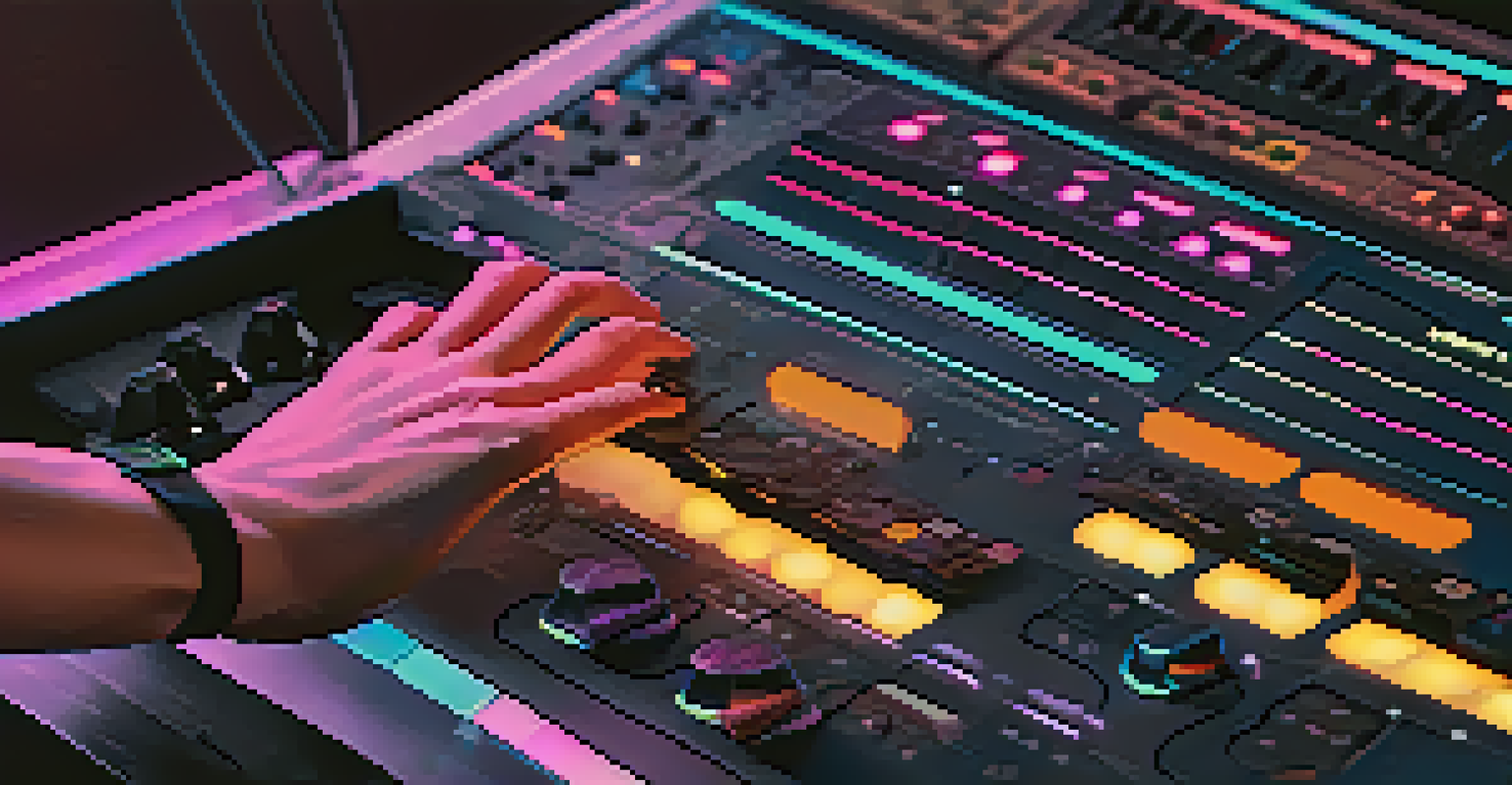 A close-up of a hand using a MIDI controller with glowing pads, with a blurred computer screen showing music production software in the background.