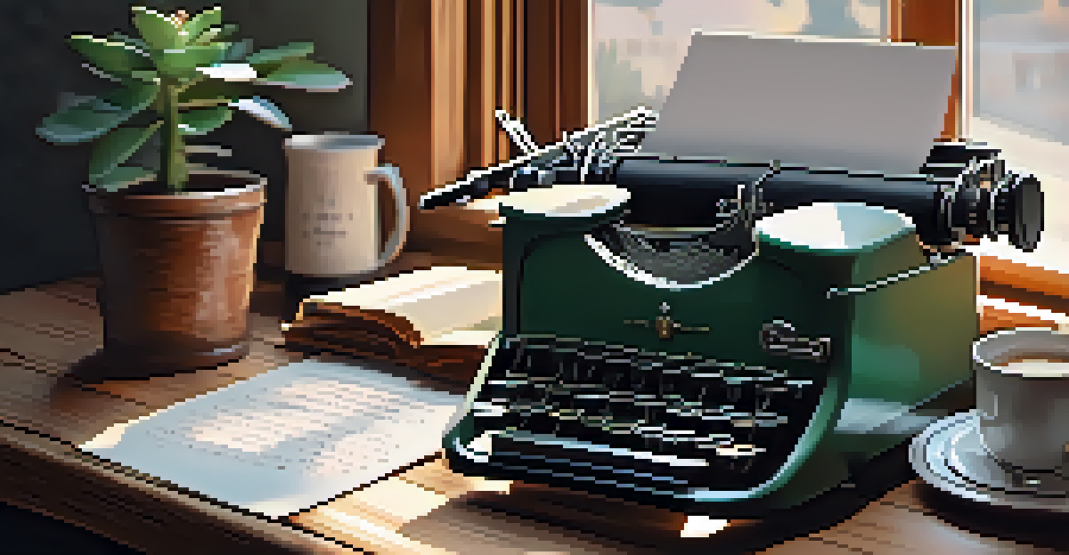 A vintage typewriter with a blank sheet of paper and handwritten lyrics on a wooden table, with a cup of coffee.
