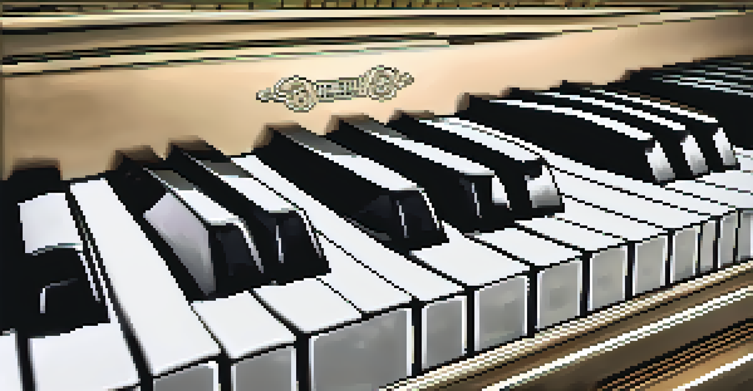 A close-up of a piano keyboard, highlighting the polished keys and a blurred sheet of music in the background.