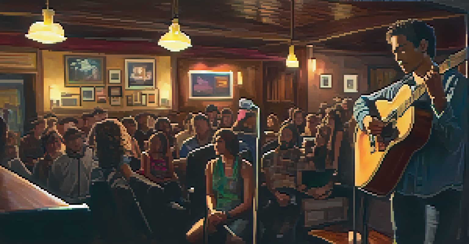 An intimate open mic night with an artist performing on stage and an engaged audience.