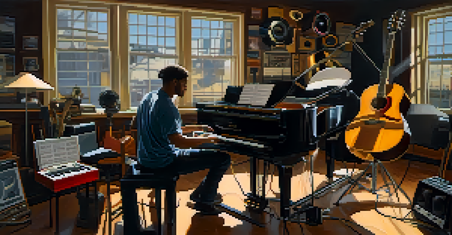 Two musicians collaborating in a modern studio, one playing guitar and the other writing notes, surrounded by musical equipment.