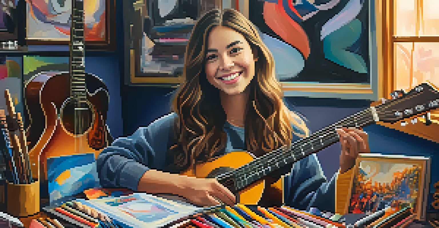 A young female artist in her studio, holding a guitar, with a laptop showing social media, surrounded by musical instruments.