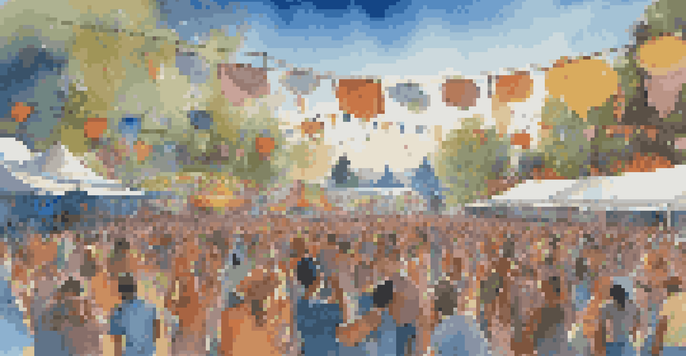 A lively outdoor music festival with a diverse crowd enjoying live performances, colorful stage lights, and people dancing and sharing conversations.