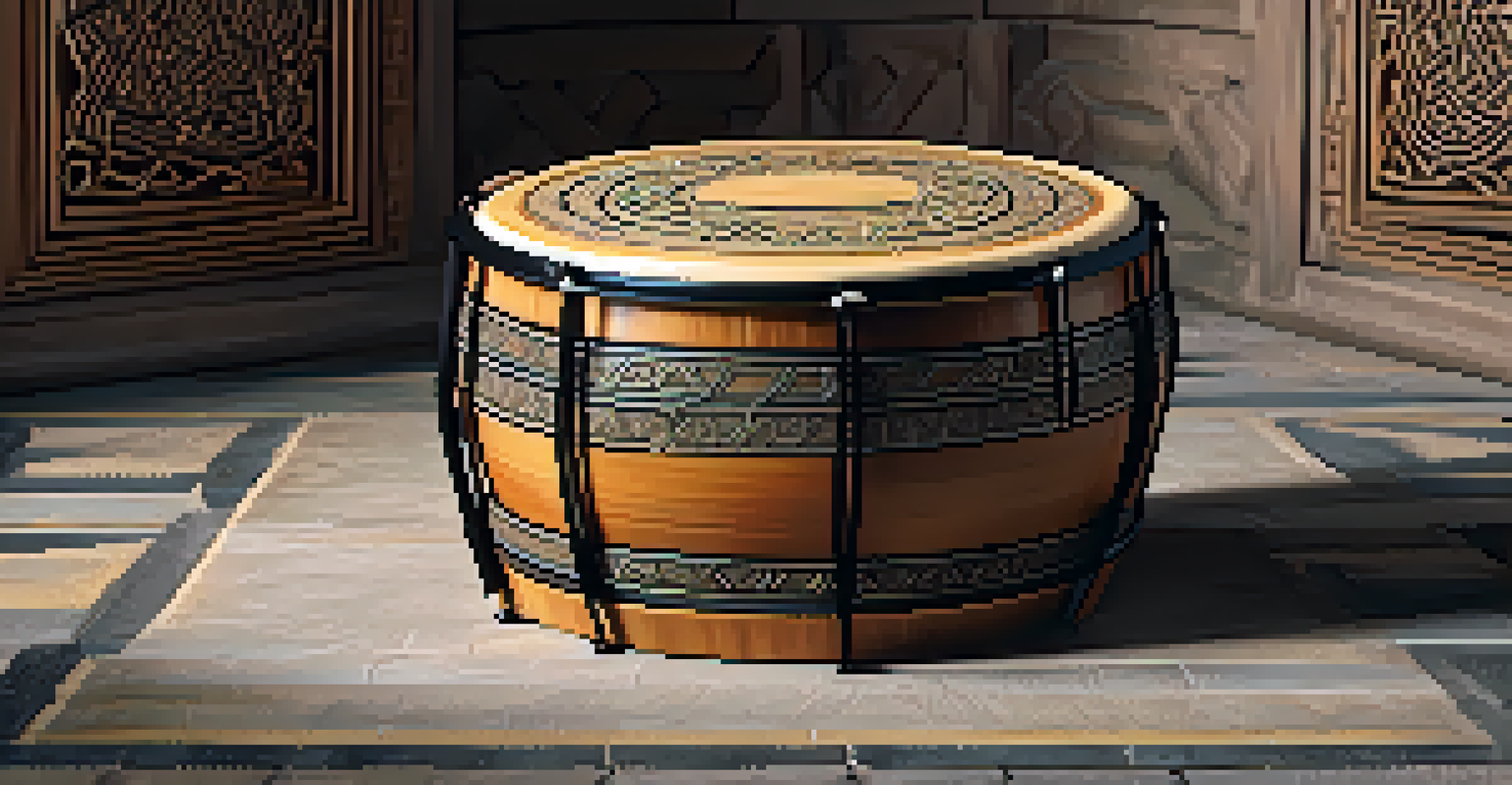 A close-up view of a carved bodhrán drum on a stone surface with intricate Celtic designs.