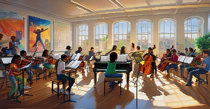 A music classroom with students using instruments and technology for blended learning.